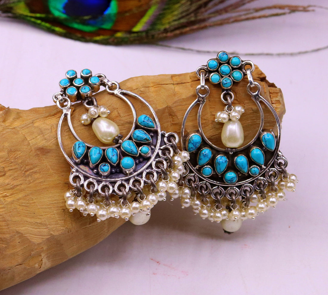 925 Sterling silver handmade fabulous pearl and turquoise stud earrings, best wedding brides collection charm earring dangler jewelry s710 - TRIBAL ORNAMENTS
