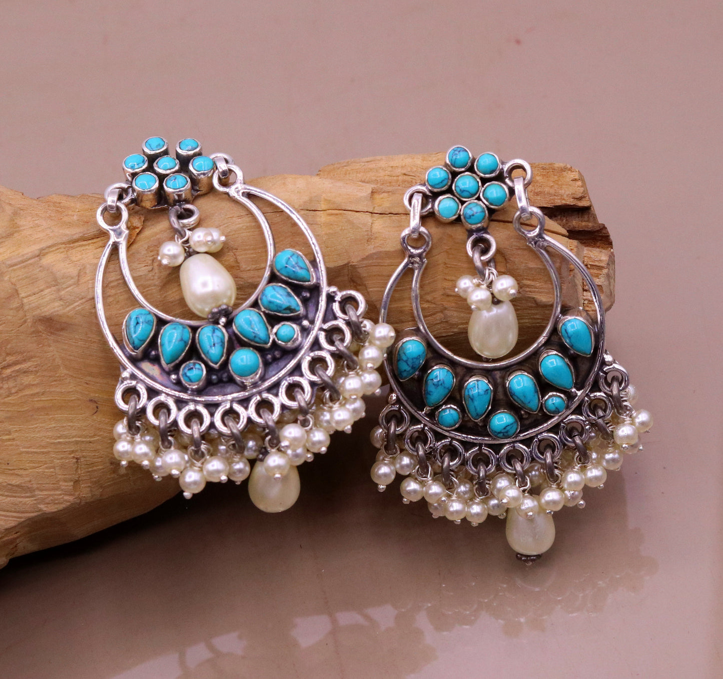 925 Sterling silver handmade fabulous pearl and turquoise stud earrings, best wedding brides collection charm earring dangler jewelry s710 - TRIBAL ORNAMENTS