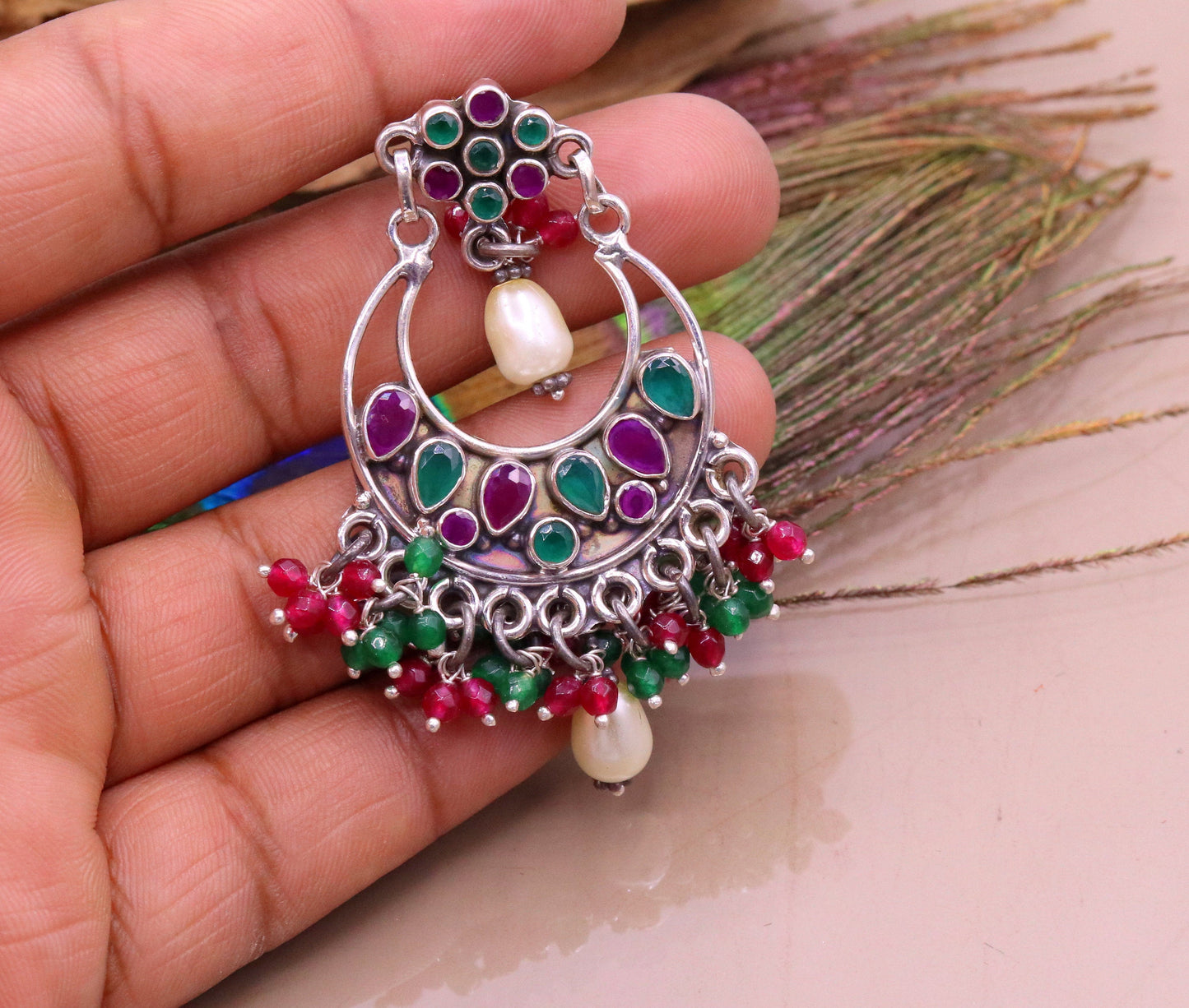 Vintage design 925 sterling silver handmade Gemstone stud earring drop dangling best design charm earrings hanging pearl tribal jewelry s715 - TRIBAL ORNAMENTS
