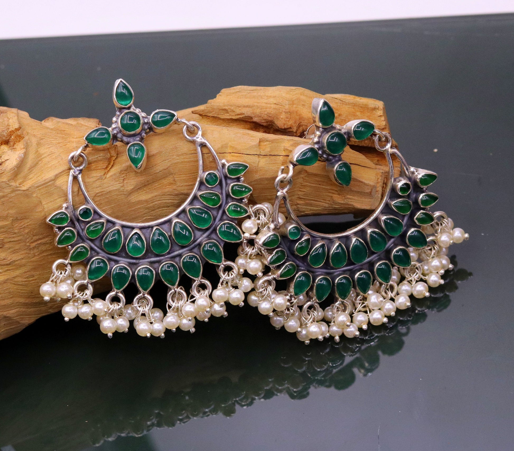 925 sterling silver handmade Green onyx stylish customized chandelier drop dangle stud earring hanging pearls bridesmaid tribal jewelry s719 - TRIBAL ORNAMENTS