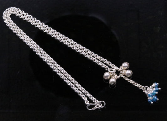 Handmade sterling silver rolo link chain charm necklace with fabulous hanging color beads and bells excellent tribal jewelry set91 - TRIBAL ORNAMENTS