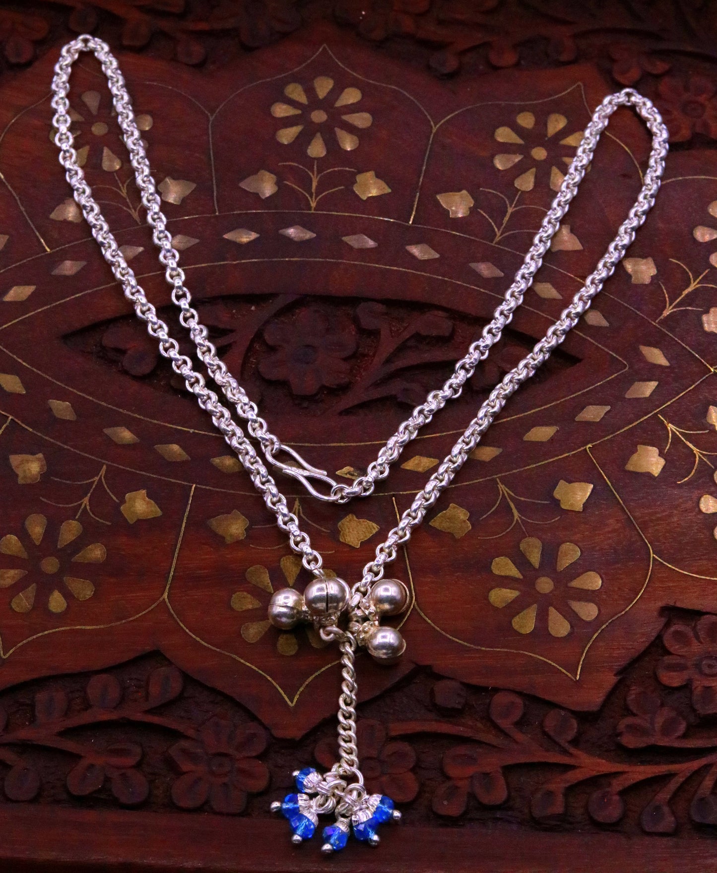 Handmade sterling silver rolo link chain charm necklace with fabulous hanging color beads and bells excellent tribal jewelry set91 - TRIBAL ORNAMENTS