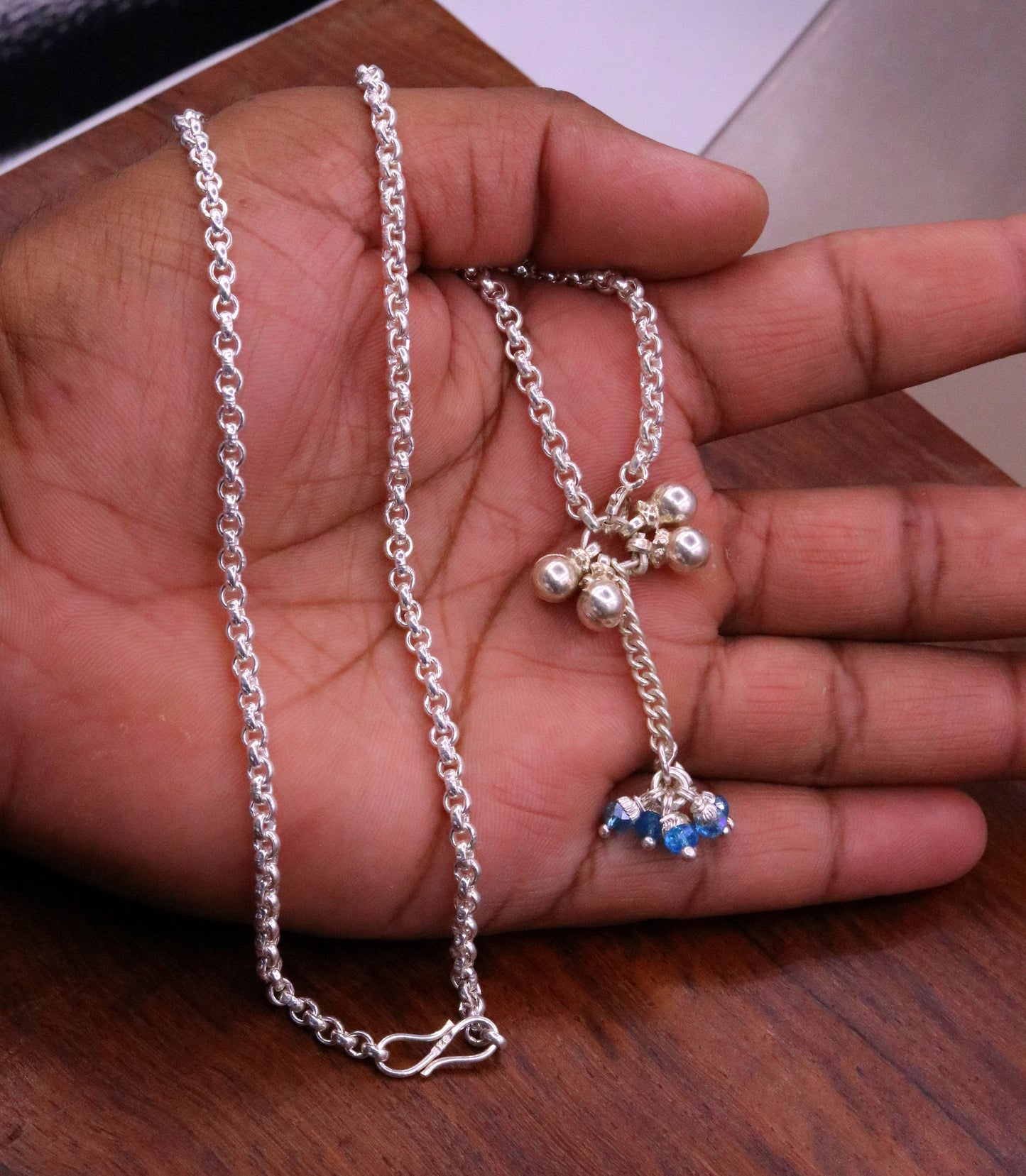 Handmade sterling silver rolo link chain charm necklace with fabulous hanging color beads and bells excellent tribal jewelry set91 - TRIBAL ORNAMENTS