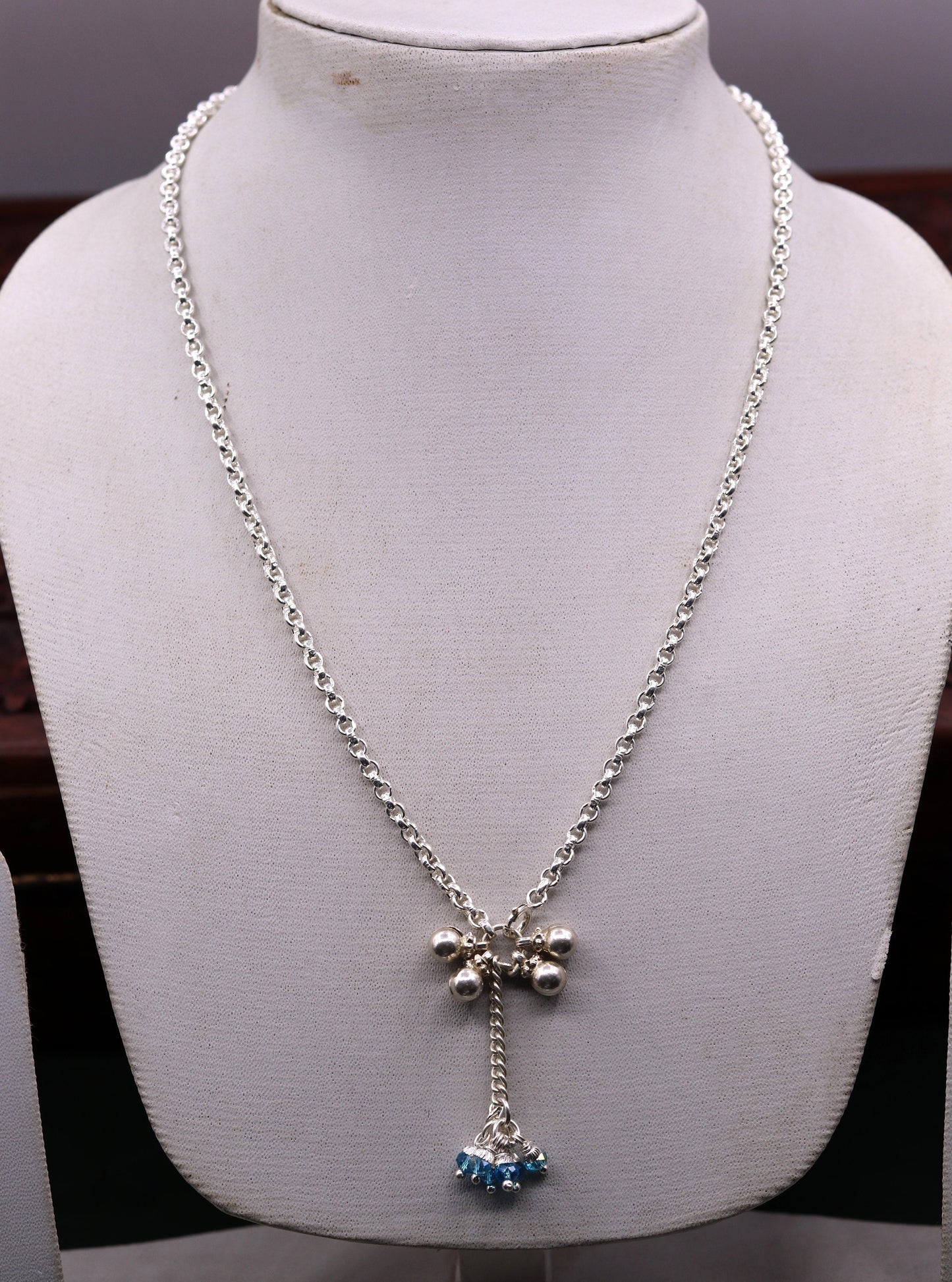 Handmade sterling silver rolo link chain charm necklace with fabulous hanging color beads and bells excellent tribal jewelry set91 - TRIBAL ORNAMENTS