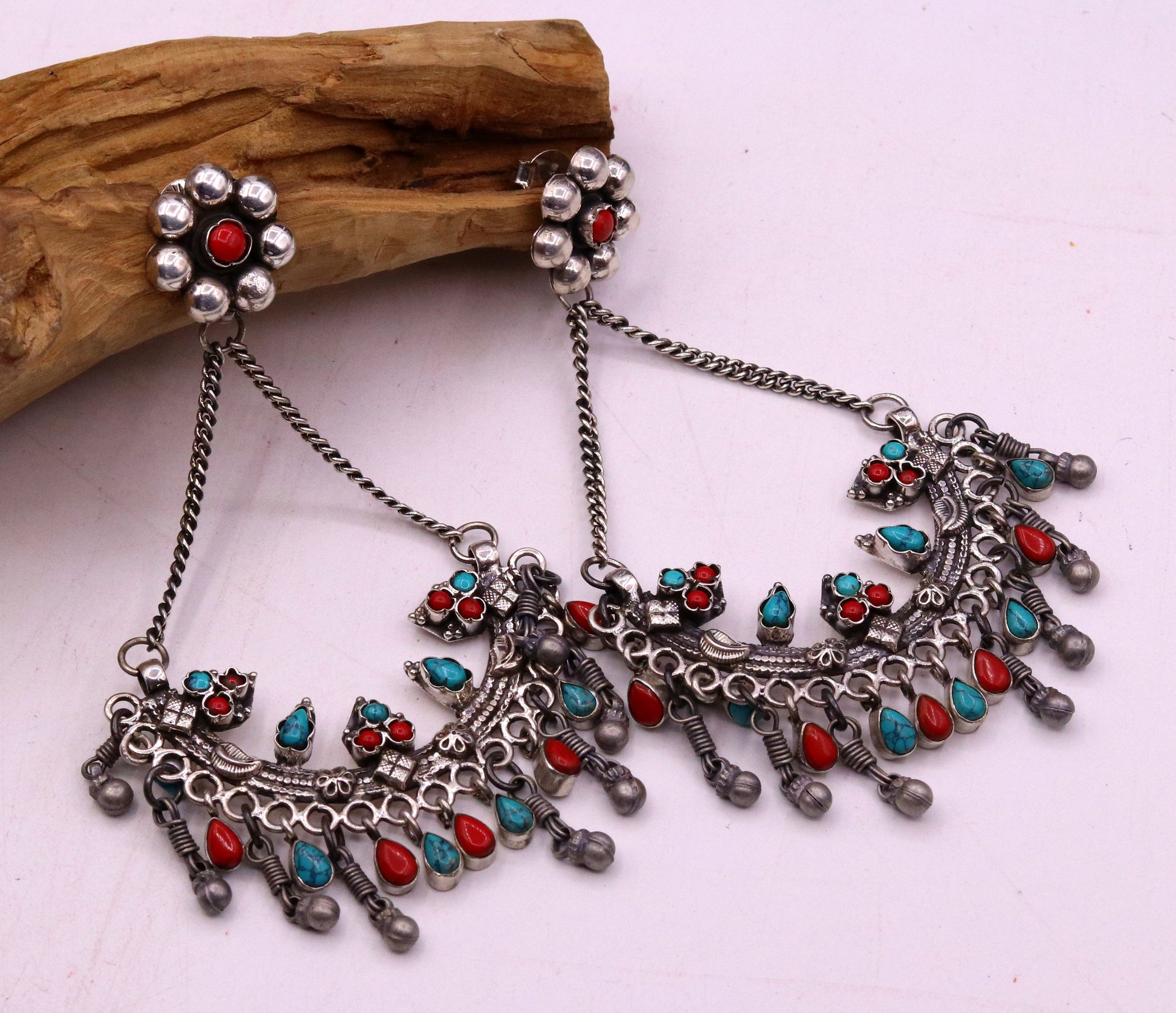 925 sterling silver handmade turquoise and coral stone fabulous long charm earring stud, drop dangle chandbala chandelier style jewelry s723 - TRIBAL ORNAMENTS