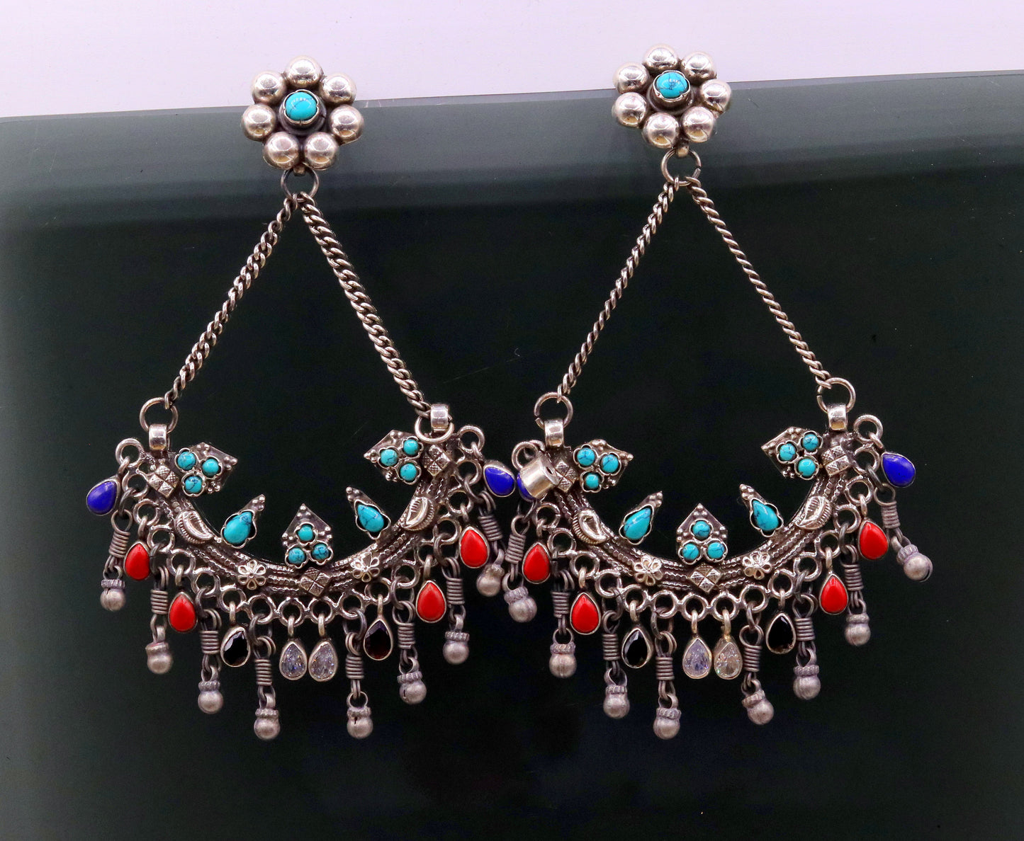 925 sterling silver handmade turquoise and coral stone fabulous long charm earring stud, drop dangle chandbala chandelier style jewelry s724 - TRIBAL ORNAMENTS