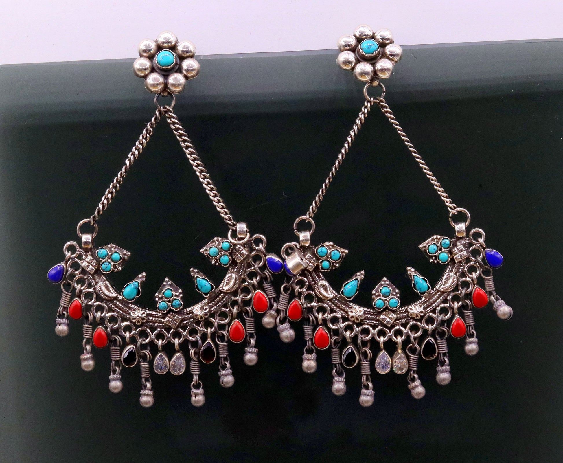 925 sterling silver handmade turquoise and coral stone fabulous long charm earring stud, drop dangle chandbala chandelier style jewelry s724 - TRIBAL ORNAMENTS