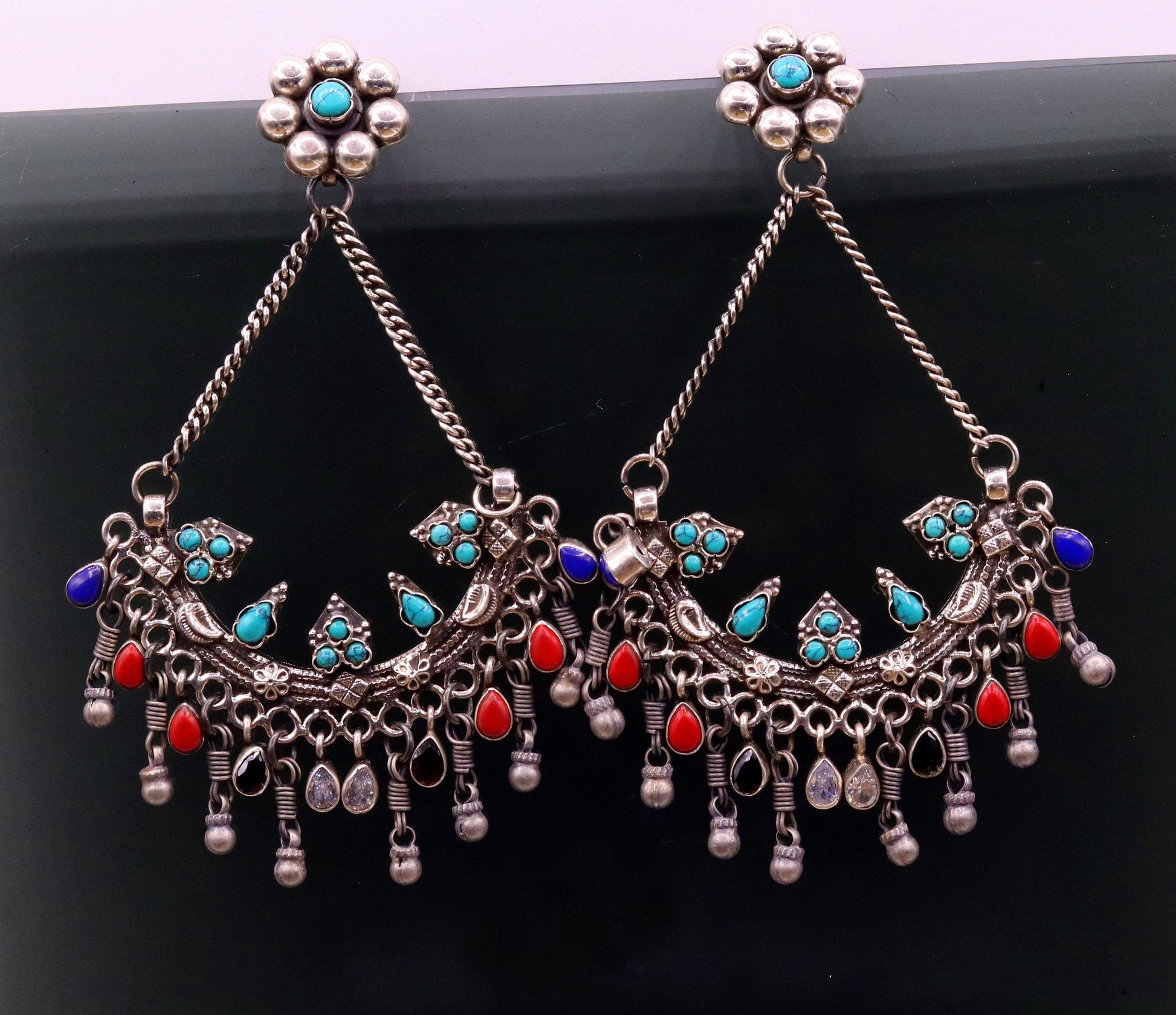 925 sterling silver handmade turquoise and coral stone fabulous long charm earring stud, drop dangle chandbala chandelier style jewelry s724 - TRIBAL ORNAMENTS
