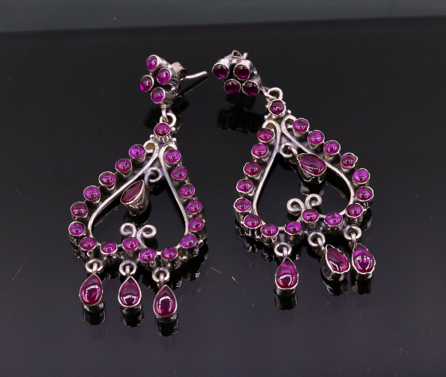 Handmade 925 sterling silver pretty attractive Red Gemstone drop dangle stud earring excellent vintage style girls party jewelry india s727 - TRIBAL ORNAMENTS