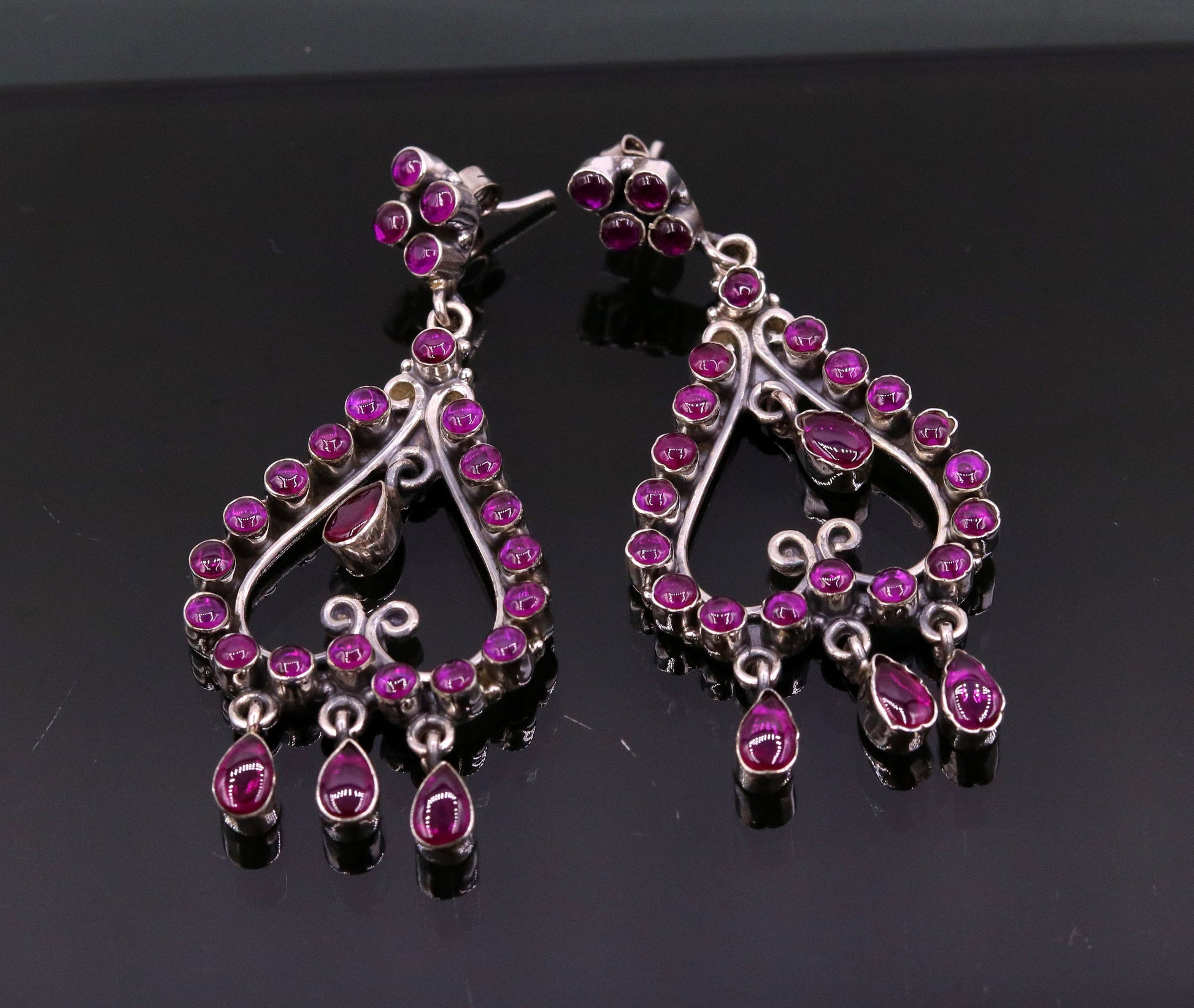 Handmade 925 sterling silver pretty attractive Red Gemstone drop dangle stud earring excellent vintage style girls party jewelry india s727 - TRIBAL ORNAMENTS