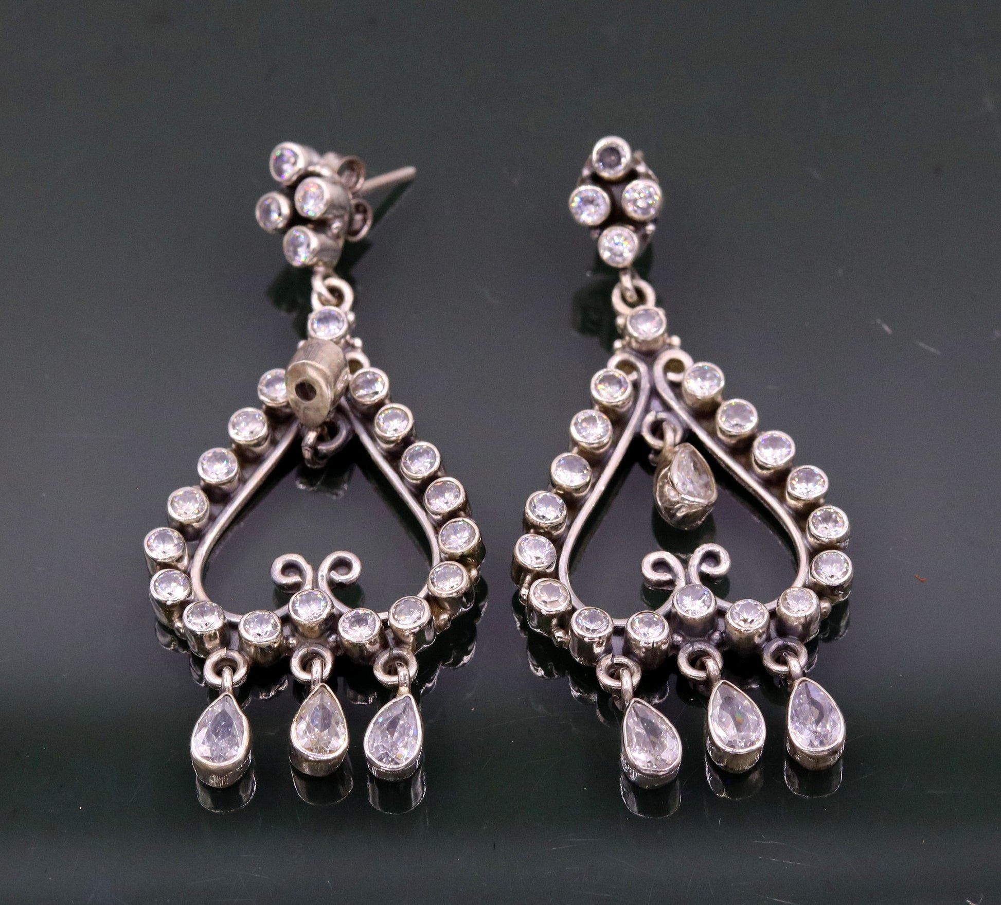 Amazing modern stylish 925 real silver handmade drop dangle stud earring excellent cubic zircon girls party jewelry, drop dangle  india s729 - TRIBAL ORNAMENTS