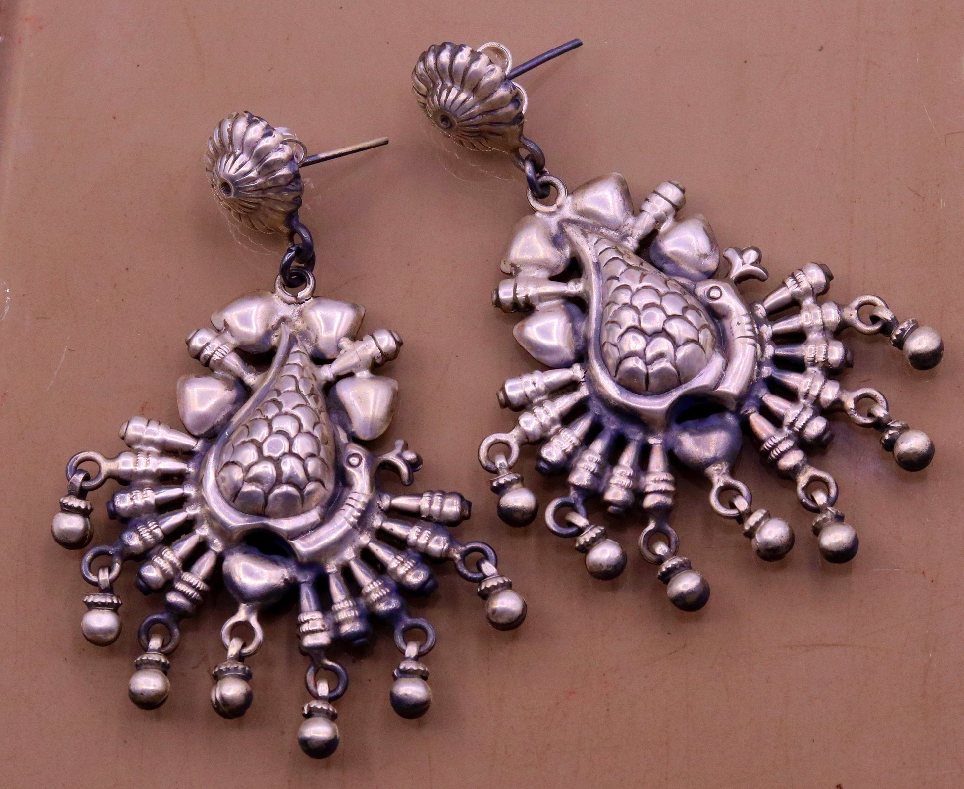 925 sterling silver handmade fabulous peacock stud earring dangle hanging drops bells, vintage design tribal jhumki belly dance jewelry s759 - TRIBAL ORNAMENTS
