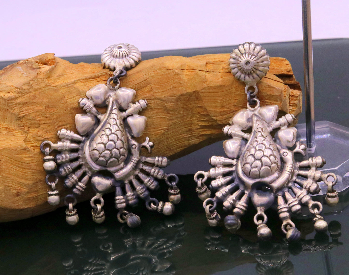 925 sterling silver handmade fabulous peacock stud earring dangle hanging drops bells, vintage design tribal jhumki belly dance jewelry s759 - TRIBAL ORNAMENTS