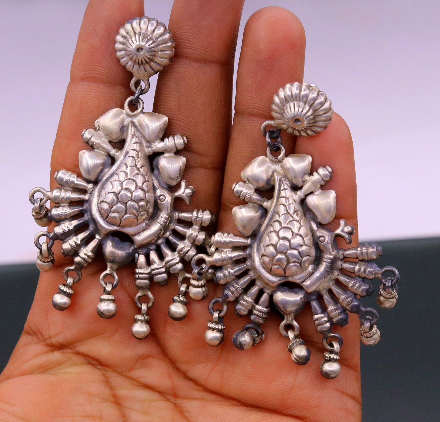925 sterling silver handmade fabulous peacock stud earring dangle hanging drops bells, vintage design tribal jhumki belly dance jewelry s759 - TRIBAL ORNAMENTS