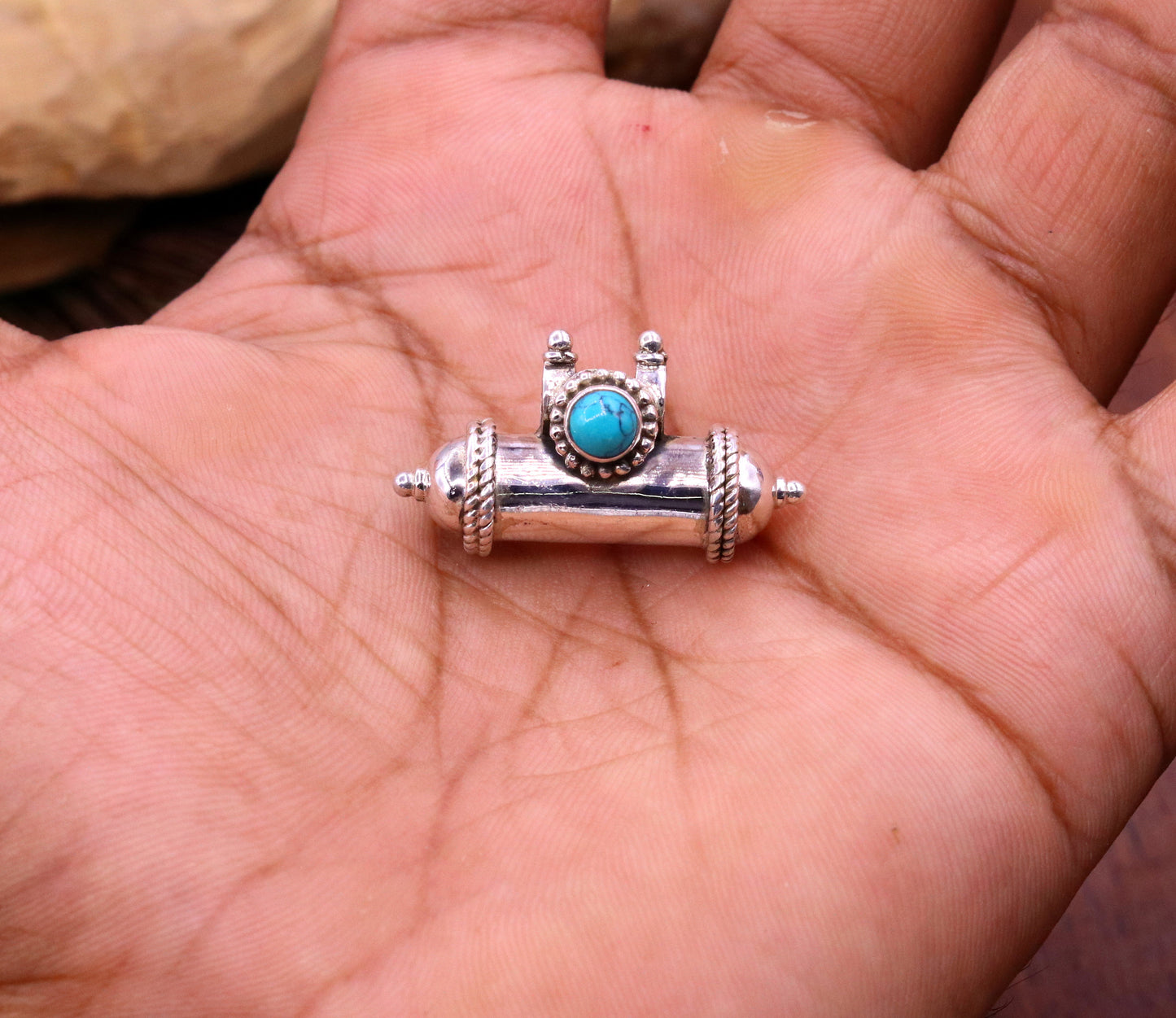925 sterling silver handmade Amulet box pendant with fabulous blue turquoise stone, excellent vintage design tribal ethnic jewelry nsp320 - TRIBAL ORNAMENTS