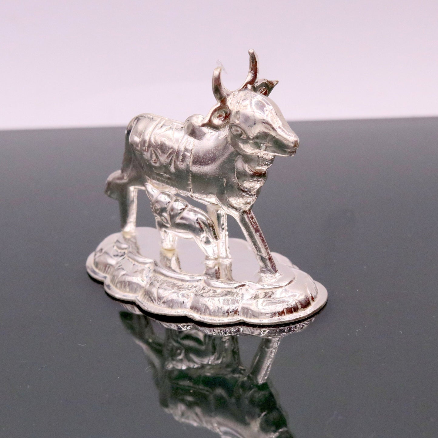 Vintage antique design handmade Kamdhenu Cow with Calf sterling silver statue art sculpture, silver figurine hope temple art decor cox sst10 - TRIBAL ORNAMENTS