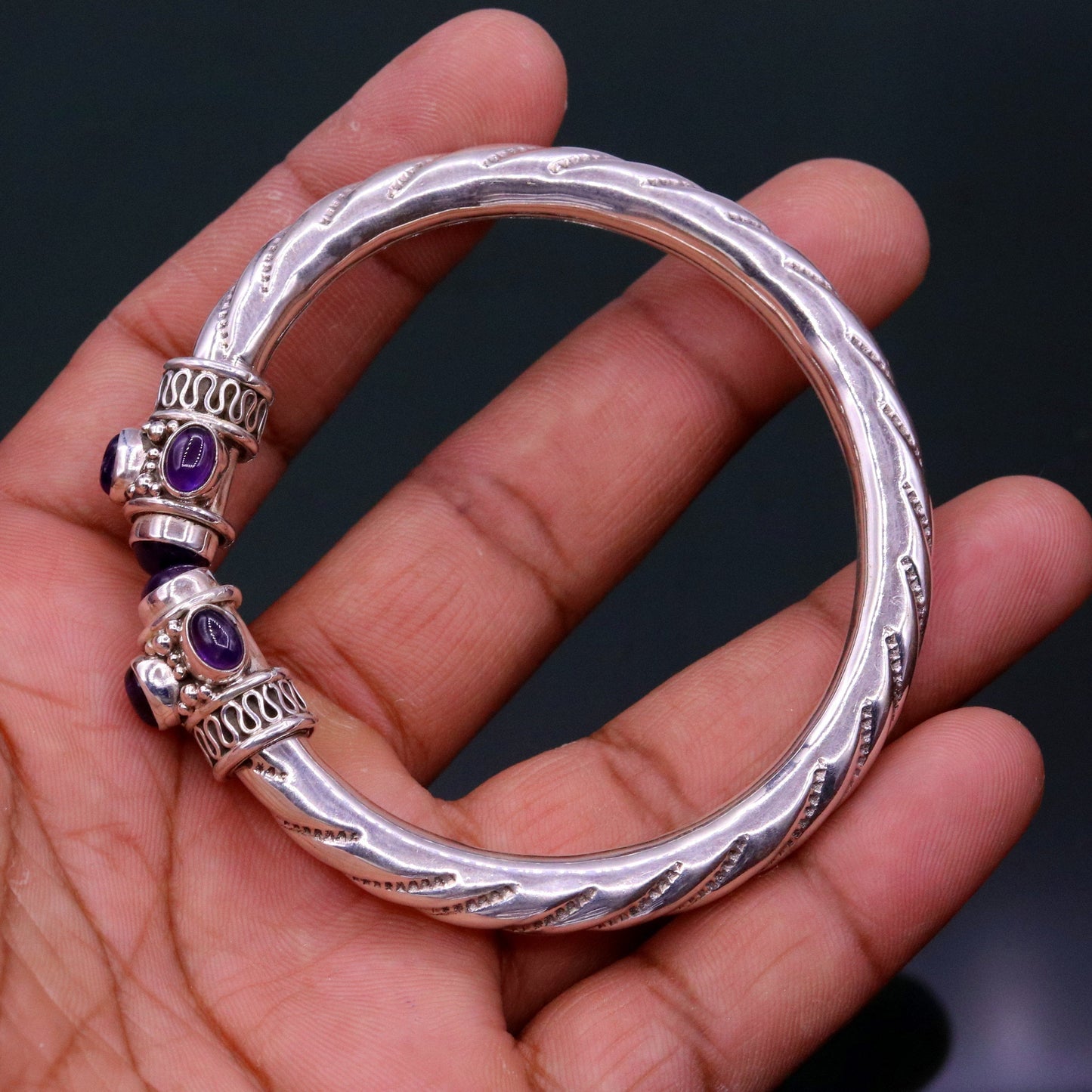 925 sterling silver handmade vintage design bangle bracelet kada with fabulous purple amethyst gemstone tribal unisex jewelry nsk223 - TRIBAL ORNAMENTS