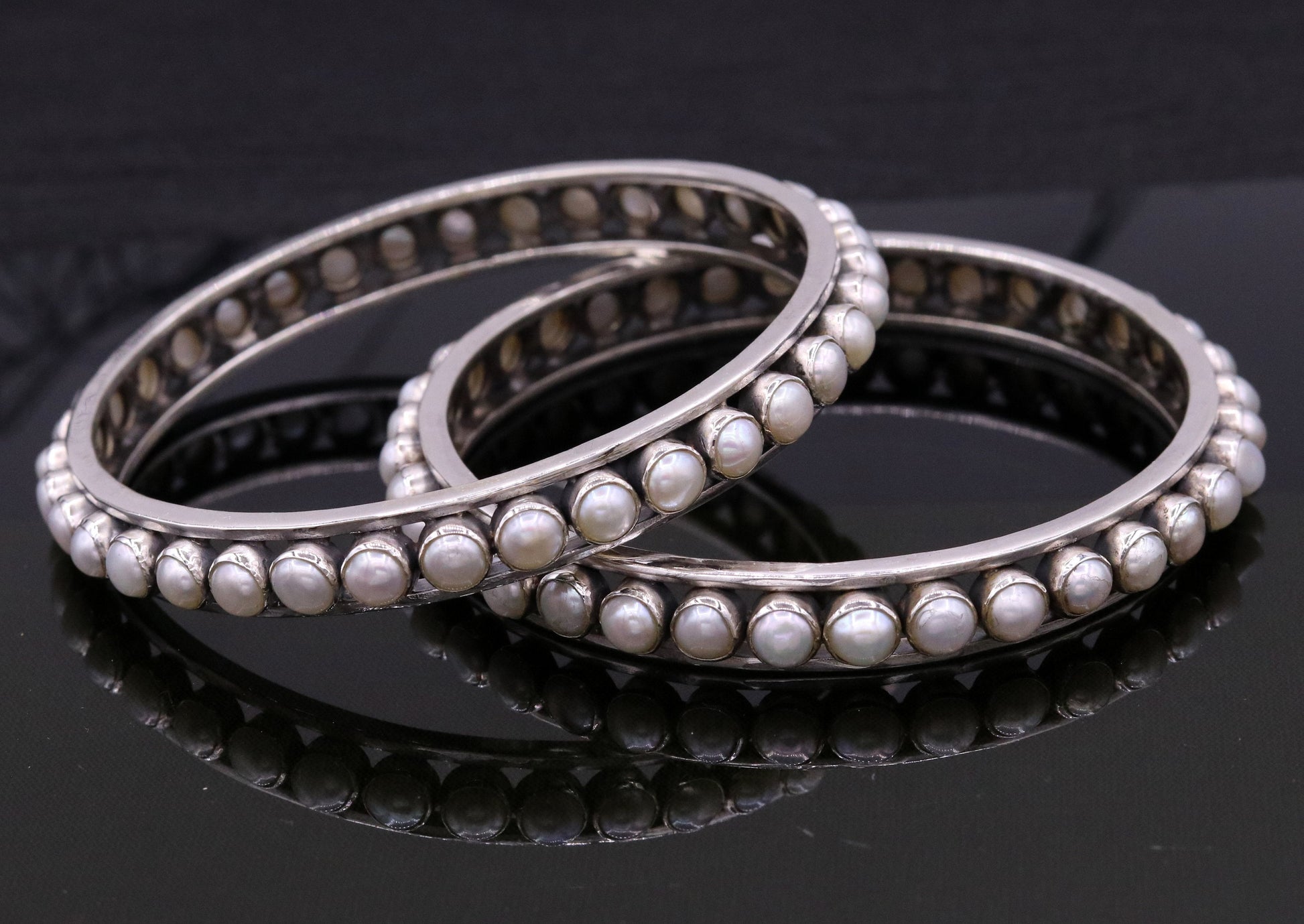 925 sterling silver handmade bangle bracelet kada, gorgeous natural pearl, amazing custom made excellent tribal bridal oxidized jewelry ba45 - TRIBAL ORNAMENTS