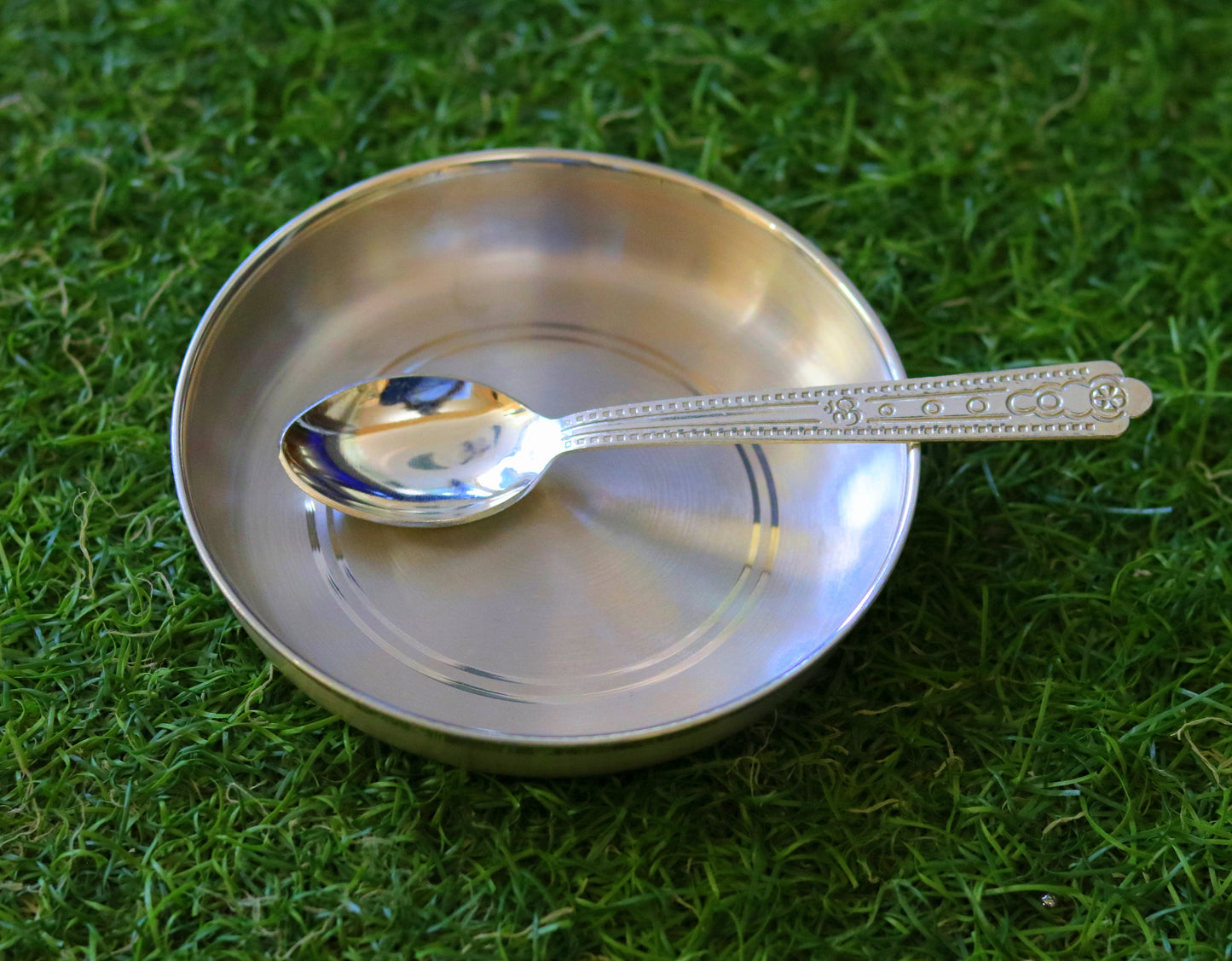 999 sterling silver handmade silver plate tray and spoon set, silver baby vessels set , silver vessels , silver utensils from india sv04 - TRIBAL ORNAMENTS