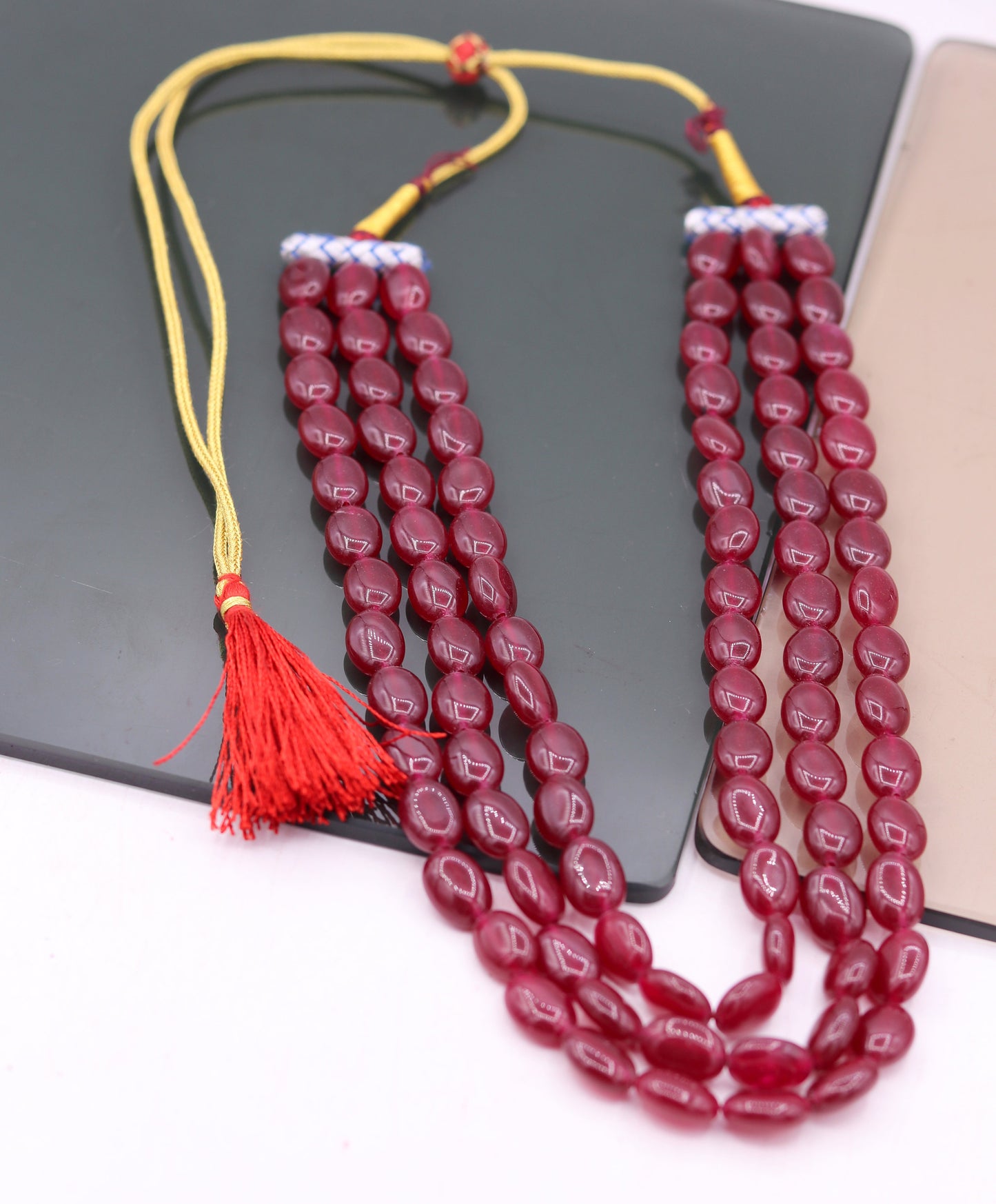 Vintage antique design handmade gorgeous Red Quartz three line necklace, excellent beaded charm necklace tribal jewelry from india qd01 - TRIBAL ORNAMENTS