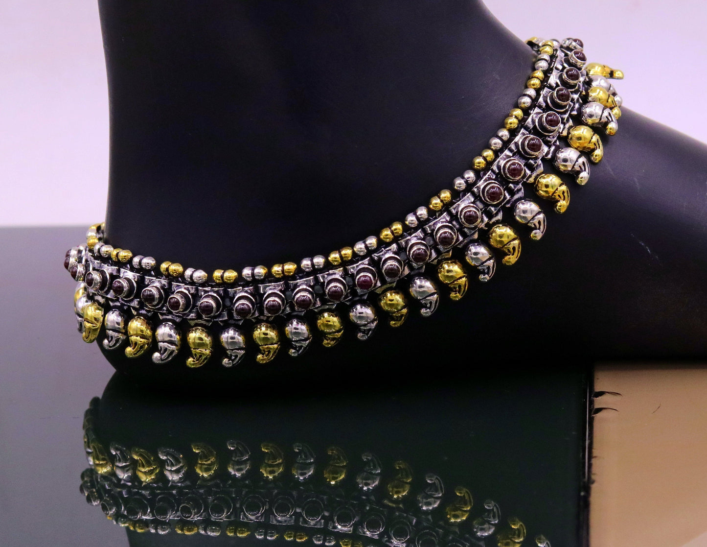 925 sterling silver dual tone mango chain with semi precious stone anklets or necklace tribal belly dance oxidized jewelry ank103 - TRIBAL ORNAMENTS