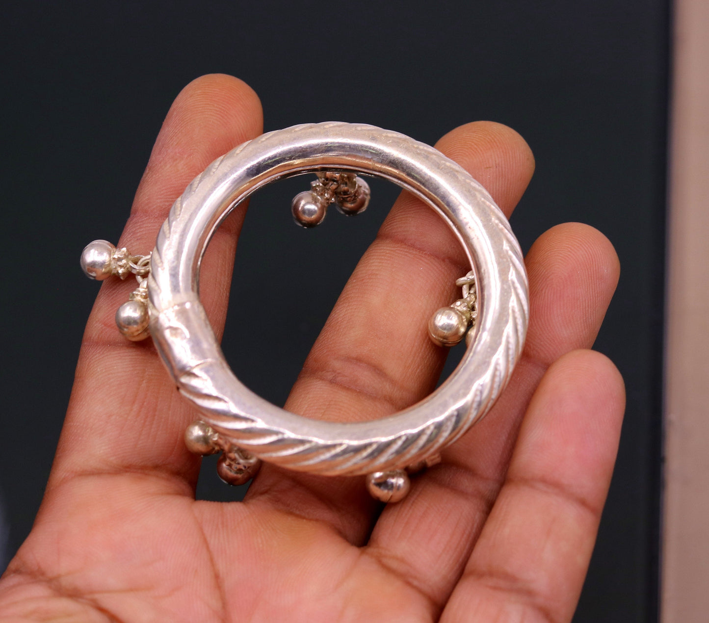 Vintage antique design handmade Sterling silver baby bangle bracelet kada with hanging noisy bells fabulous gifting jewelry from india ba47 - TRIBAL ORNAMENTS
