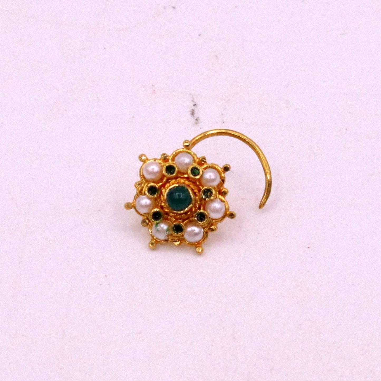 Vintage Antique design handmade gorgeous 20kt ct yellow gold gorgeous nose pin stud with pretty tiny pearl and green onyx stone gnp22 - TRIBAL ORNAMENTS