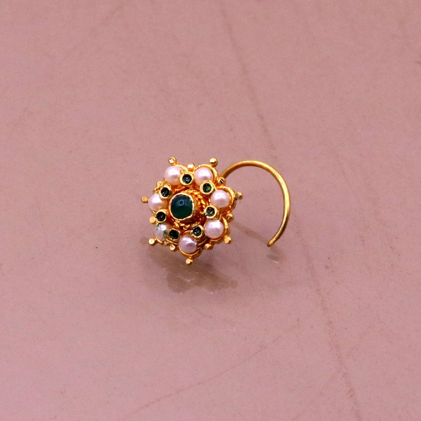 Vintage Antique design handmade gorgeous 20kt ct yellow gold gorgeous nose pin stud with pretty tiny pearl and green onyx stone gnp22 - TRIBAL ORNAMENTS