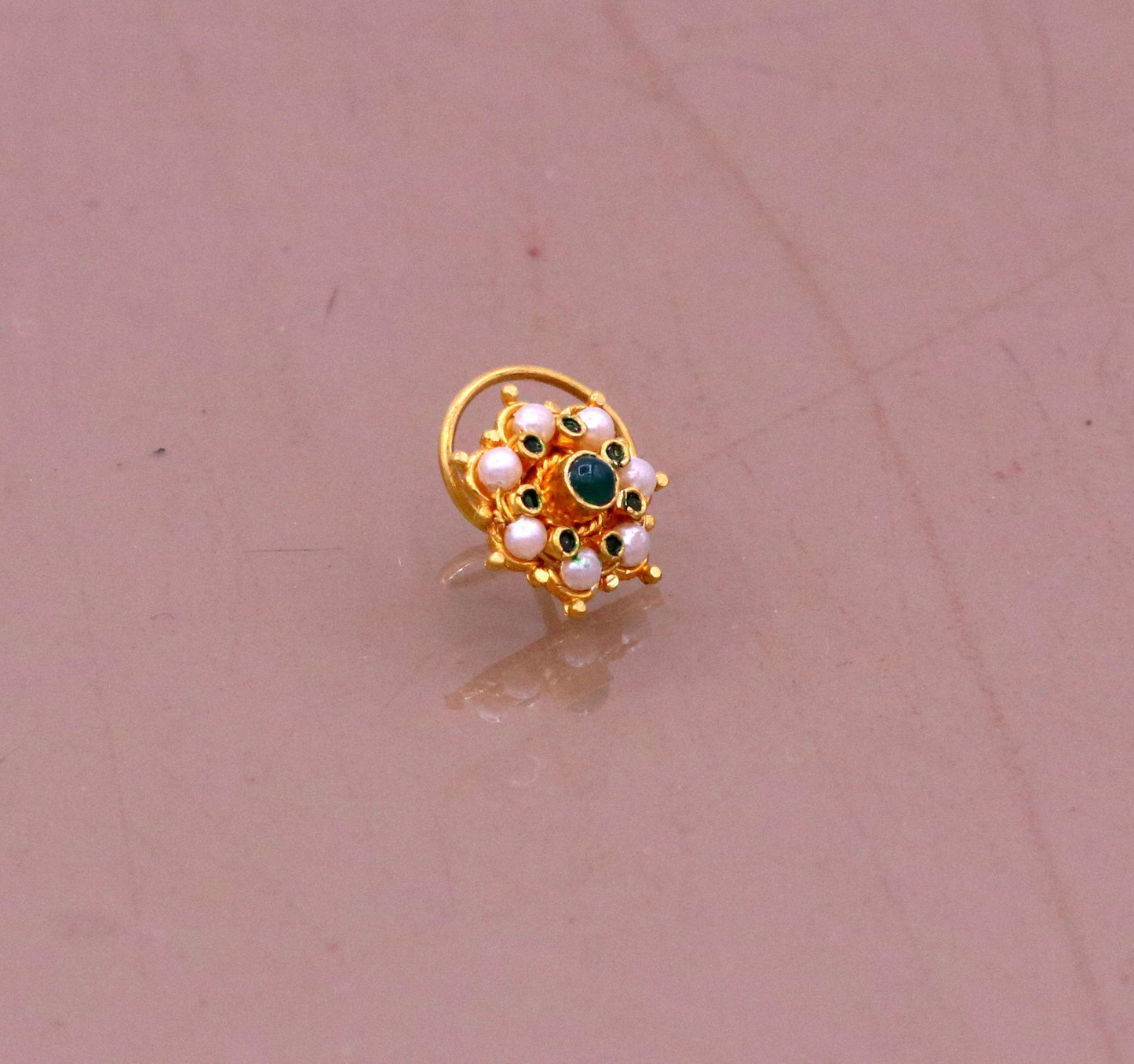 Vintage Antique design handmade gorgeous 20kt ct yellow gold gorgeous nose pin stud with pretty tiny pearl and green onyx stone gnp22 - TRIBAL ORNAMENTS