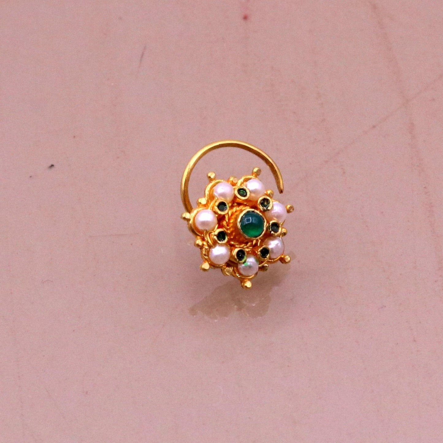 Vintage Antique design handmade gorgeous 20kt ct yellow gold gorgeous nose pin stud with pretty tiny pearl and green onyx stone gnp22 - TRIBAL ORNAMENTS