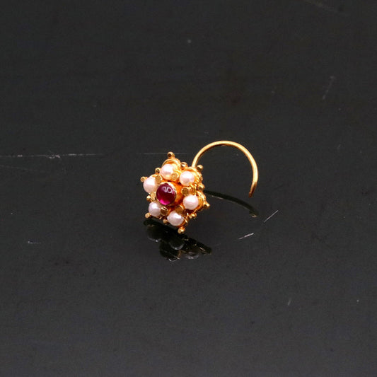 6mm white pearl and red stone fabulous 20kt yellow gold nose pin nose stud Indian vintage antique design handmade tribal jewelry gnp25 - TRIBAL ORNAMENTS