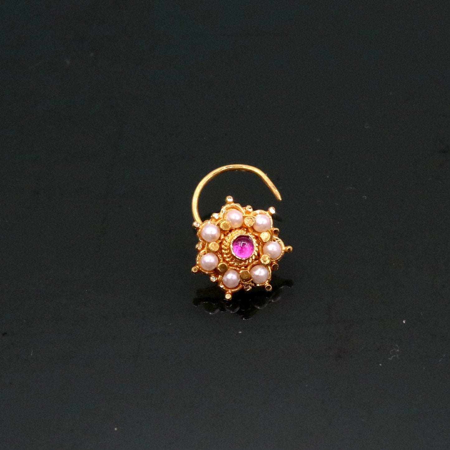 Awesome 6 white pearl and red stone 20kt yellow gold nose pin nose stud Indian vintage antique design handmade tribal jewelry gnp26 - TRIBAL ORNAMENTS