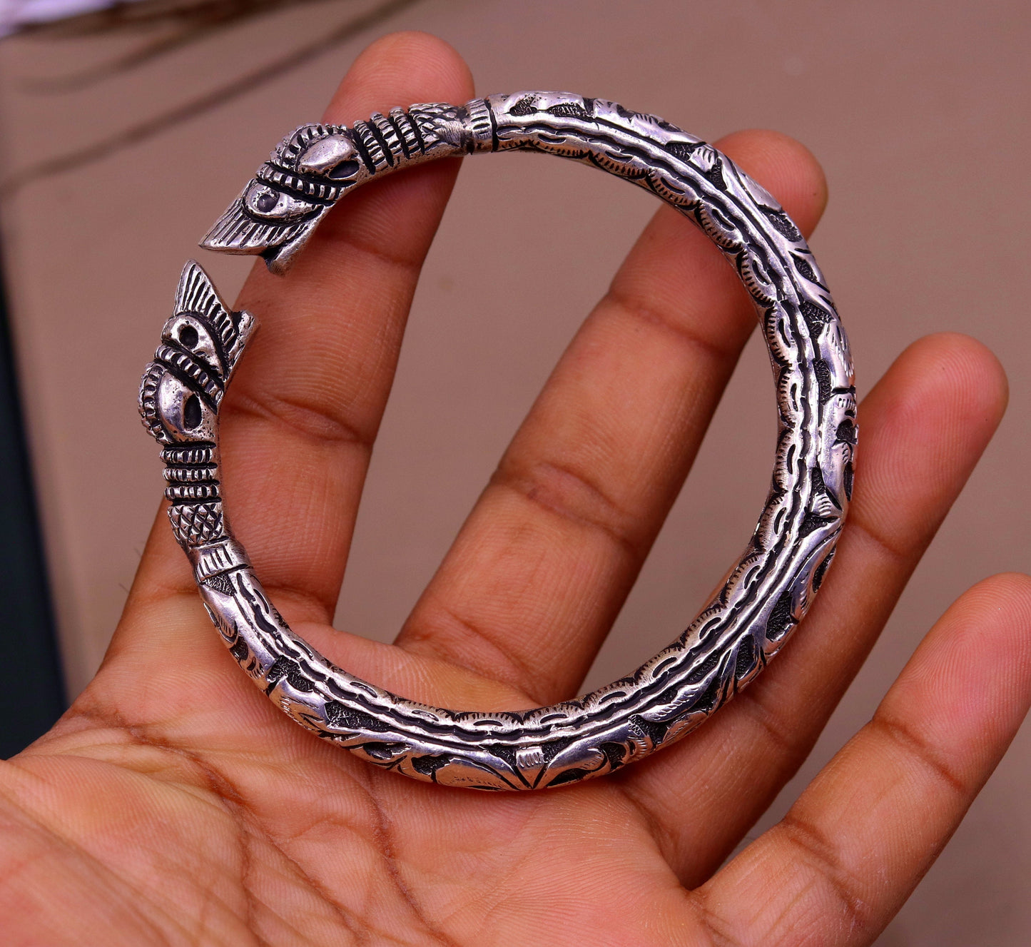 925 sterling silver handcrafted crocodile face vintage antique design chitai work bangle bracelet kada unisex ethnic tribal jewelry nsk230 - TRIBAL ORNAMENTS