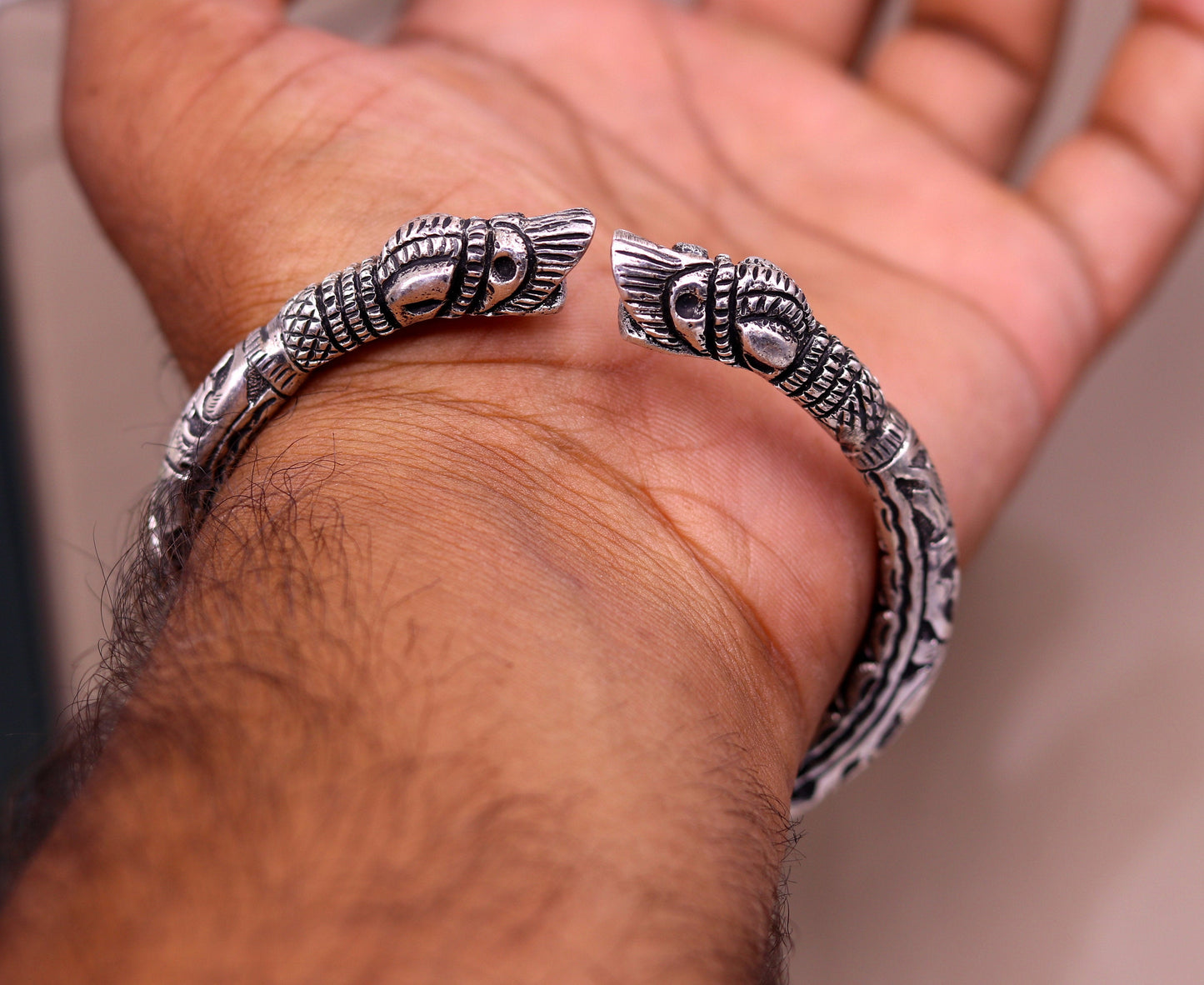925 sterling silver handcrafted crocodile face vintage antique design chitai work bangle bracelet kada unisex ethnic tribal jewelry nsk230 - TRIBAL ORNAMENTS