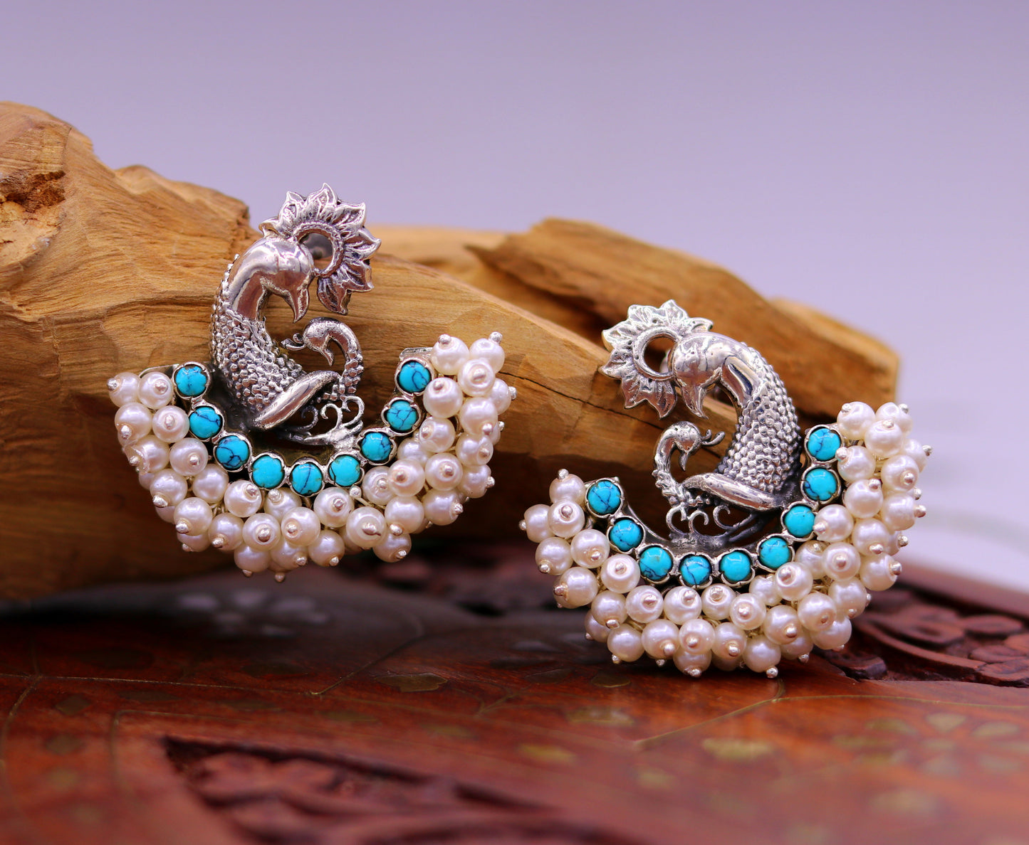 925 sterling silver handmade vintage antique design peacock stud earring fabulous hanging pearl and turquoise stone earring jewelry s704 - TRIBAL ORNAMENTS