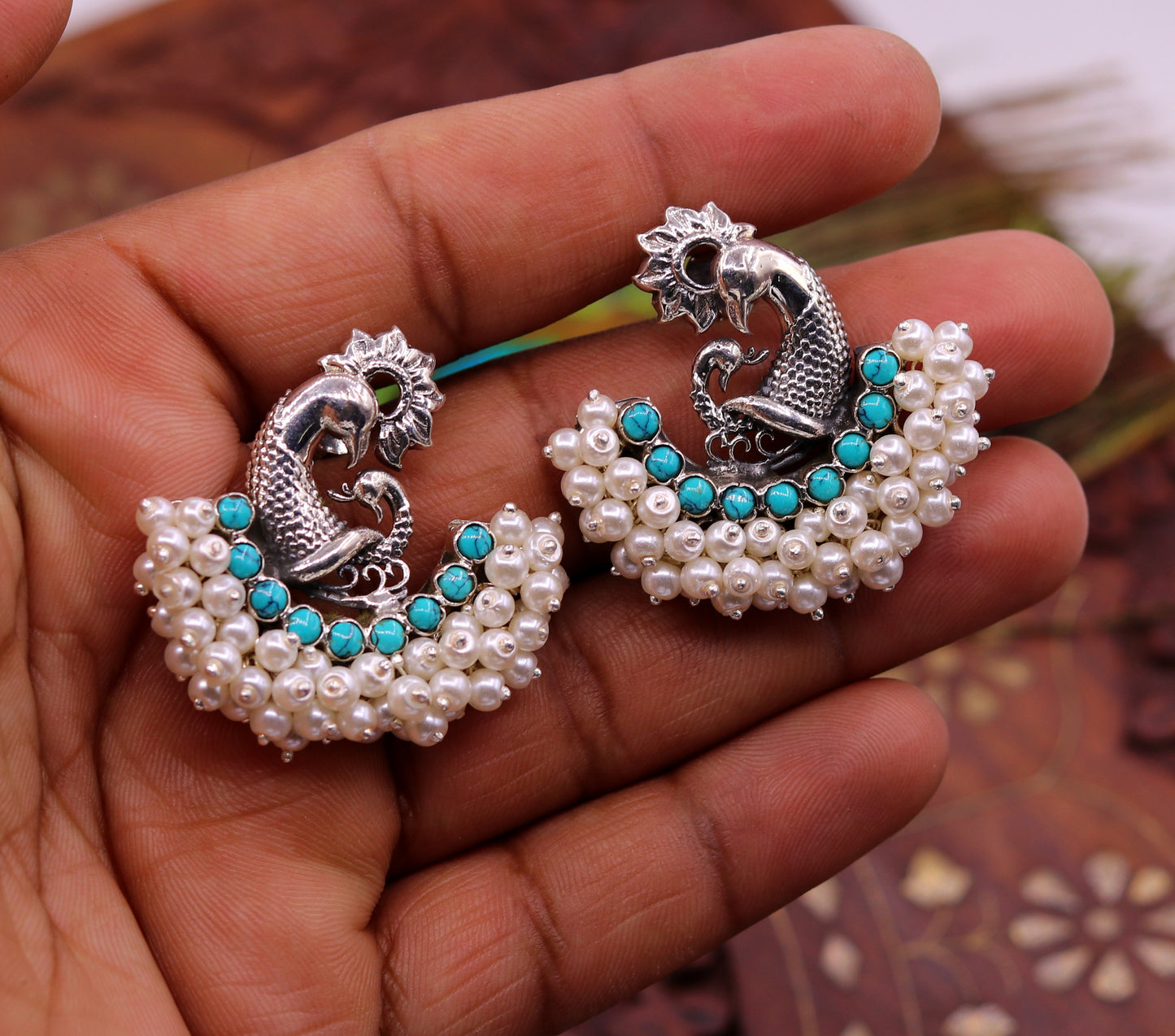 925 sterling silver handmade vintage antique design peacock stud earring fabulous hanging pearl and turquoise stone earring jewelry s704 - TRIBAL ORNAMENTS