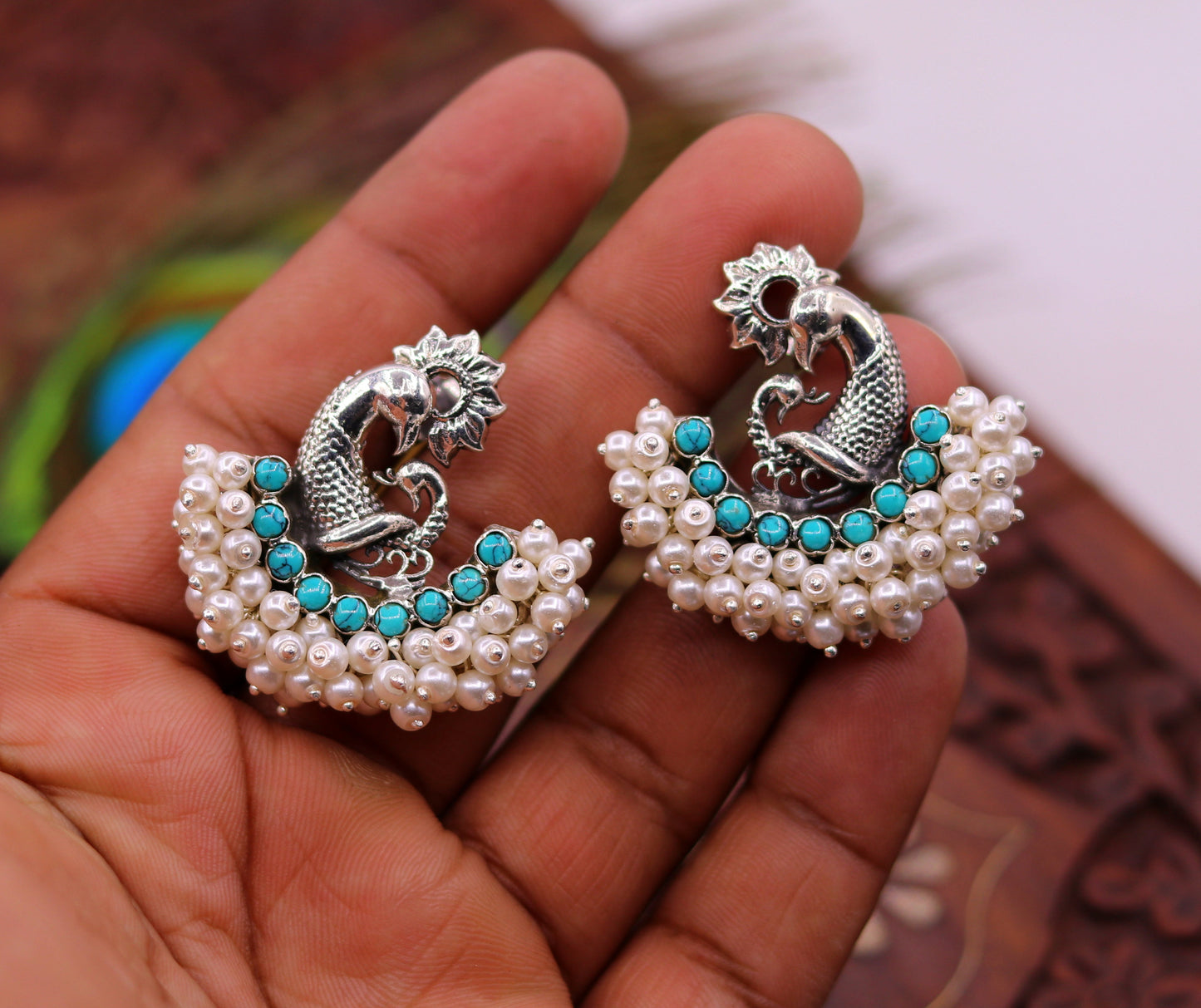 925 sterling silver handmade vintage antique design peacock stud earring fabulous hanging pearl and turquoise stone earring jewelry s704 - TRIBAL ORNAMENTS