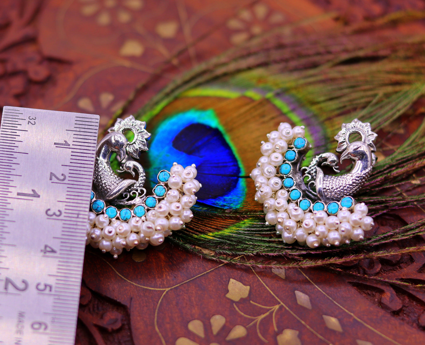 925 sterling silver handmade vintage antique design peacock stud earring fabulous hanging pearl and turquoise stone earring jewelry s704 - TRIBAL ORNAMENTS