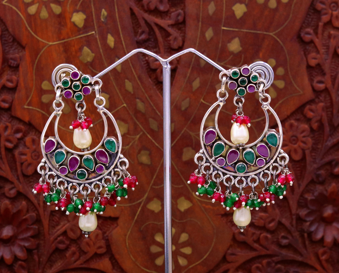 Vintage design 925 sterling silver handmade Gemstone stud earring drop dangling best design charm earrings hanging pearl tribal jewelry s715 - TRIBAL ORNAMENTS