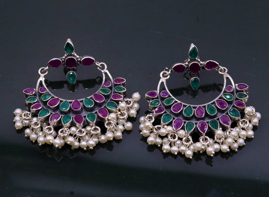Vintage antique design 925 sterling silver handmade stud earrings drop dangle charm earring excellent hanging pearl belly dance jewelry s717 - TRIBAL ORNAMENTS