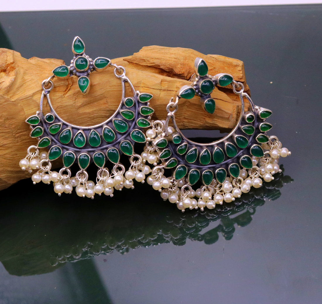 925 sterling silver handmade Green onyx stylish customized chandelier drop dangle stud earring hanging pearls bridesmaid tribal jewelry s719 - TRIBAL ORNAMENTS