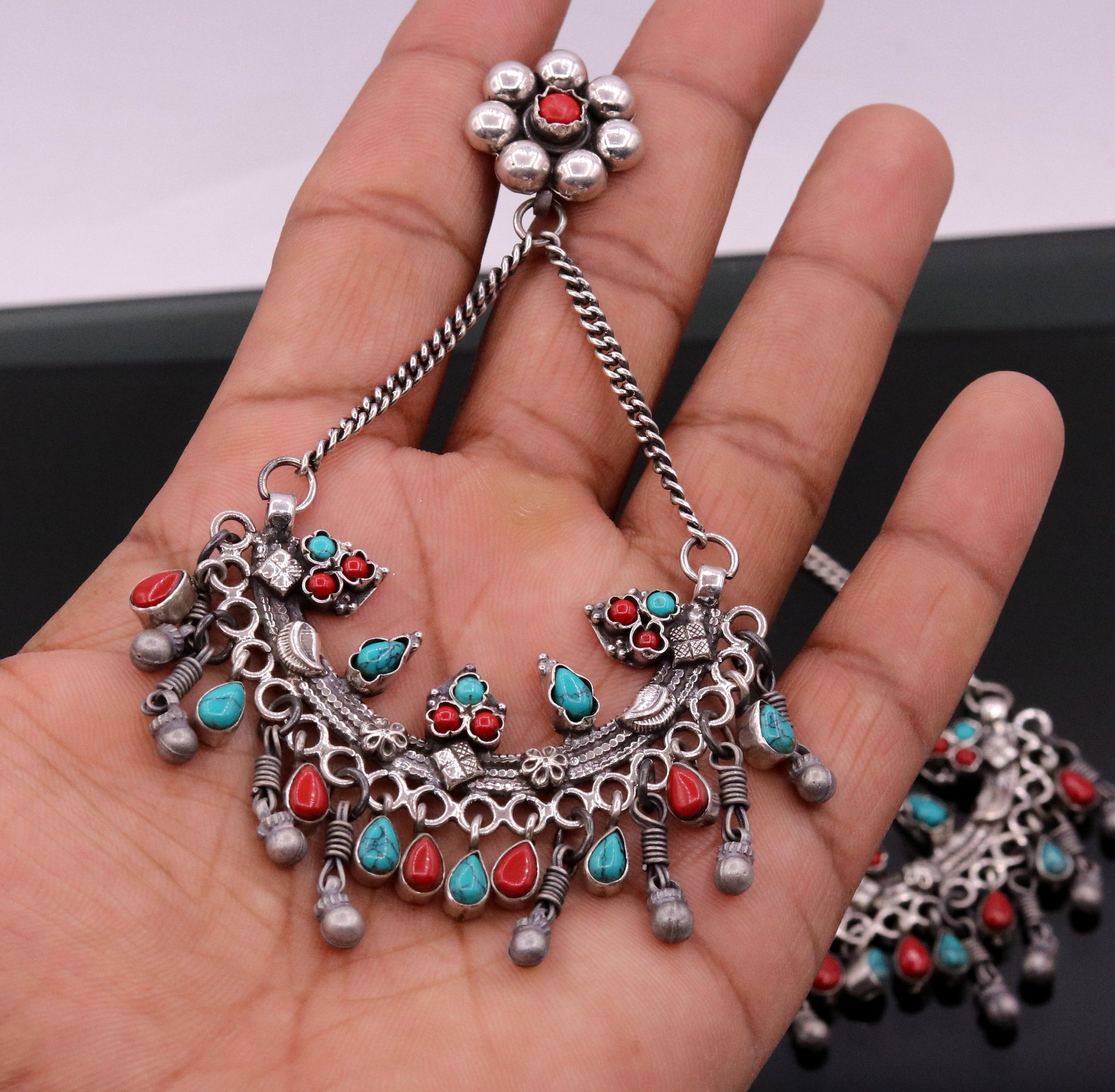925 sterling silver handmade turquoise and coral stone fabulous long charm earring stud, drop dangle chandbala chandelier style jewelry s723 - TRIBAL ORNAMENTS