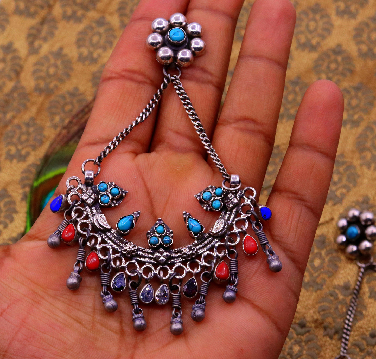 925 sterling silver handmade turquoise and coral stone fabulous long charm earring stud, drop dangle chandbala chandelier style jewelry s724 - TRIBAL ORNAMENTS