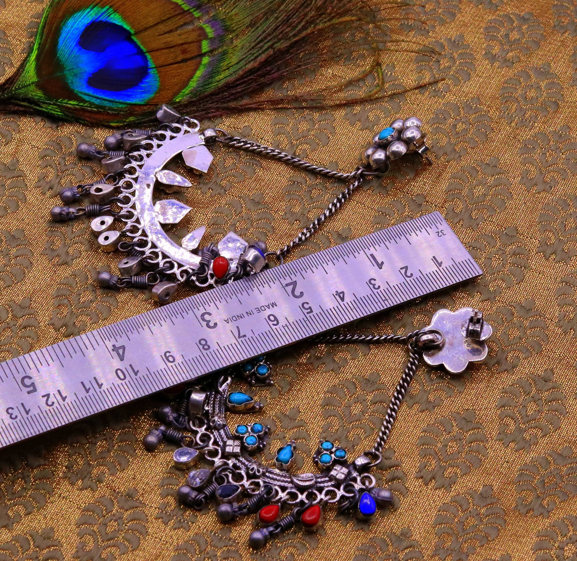 925 sterling silver handmade turquoise and coral stone fabulous long charm earring stud, drop dangle chandbala chandelier style jewelry s724 - TRIBAL ORNAMENTS