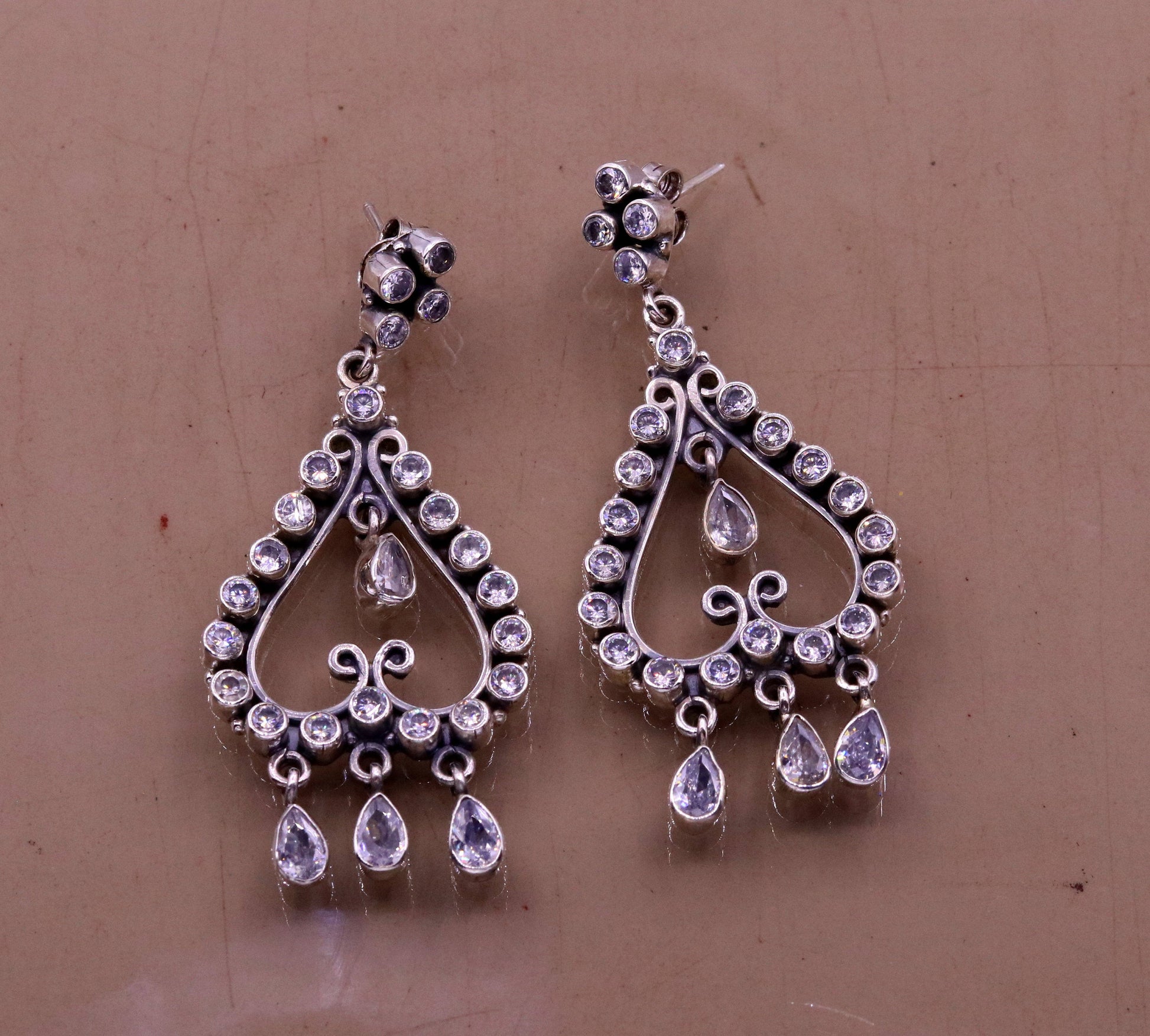 Amazing modern stylish 925 real silver handmade drop dangle stud earring excellent cubic zircon girls party jewelry, drop dangle  india s729 - TRIBAL ORNAMENTS