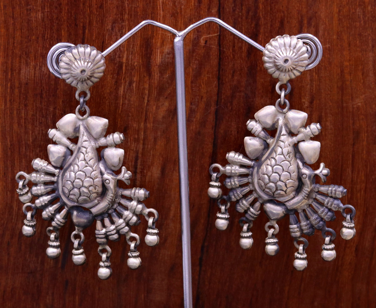 925 sterling silver handmade fabulous peacock stud earring dangle hanging drops bells, vintage design tribal jhumki belly dance jewelry s759 - TRIBAL ORNAMENTS