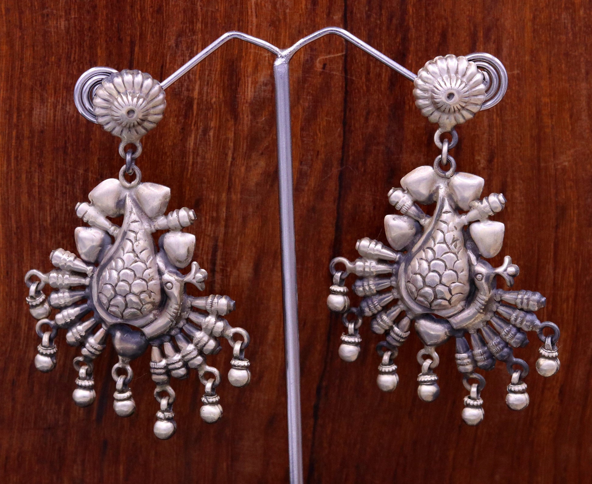 925 sterling silver handmade fabulous peacock stud earring dangle hanging drops bells, vintage design tribal jhumki belly dance jewelry s759 - TRIBAL ORNAMENTS