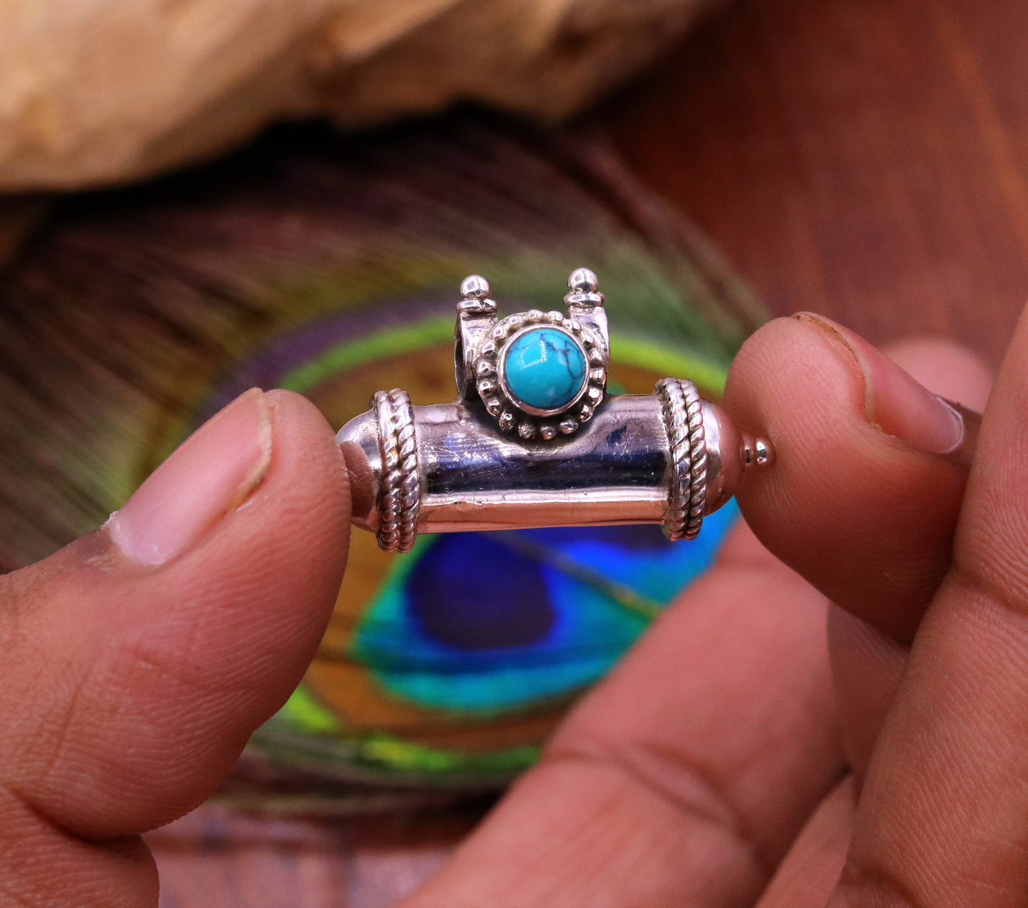 925 sterling silver handmade Amulet box pendant with fabulous blue turquoise stone, excellent vintage design tribal ethnic jewelry nsp320 - TRIBAL ORNAMENTS