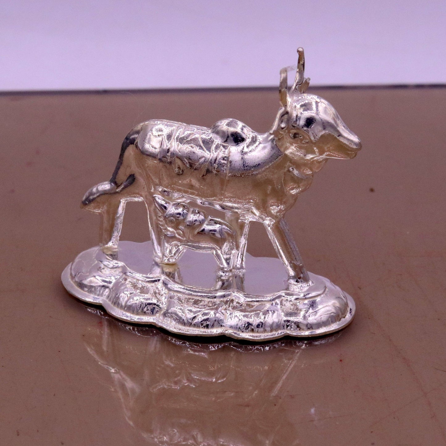 Vintage antique design handmade Kamdhenu Cow with Calf sterling silver statue art sculpture, silver figurine hope temple art decor cox sst10 - TRIBAL ORNAMENTS