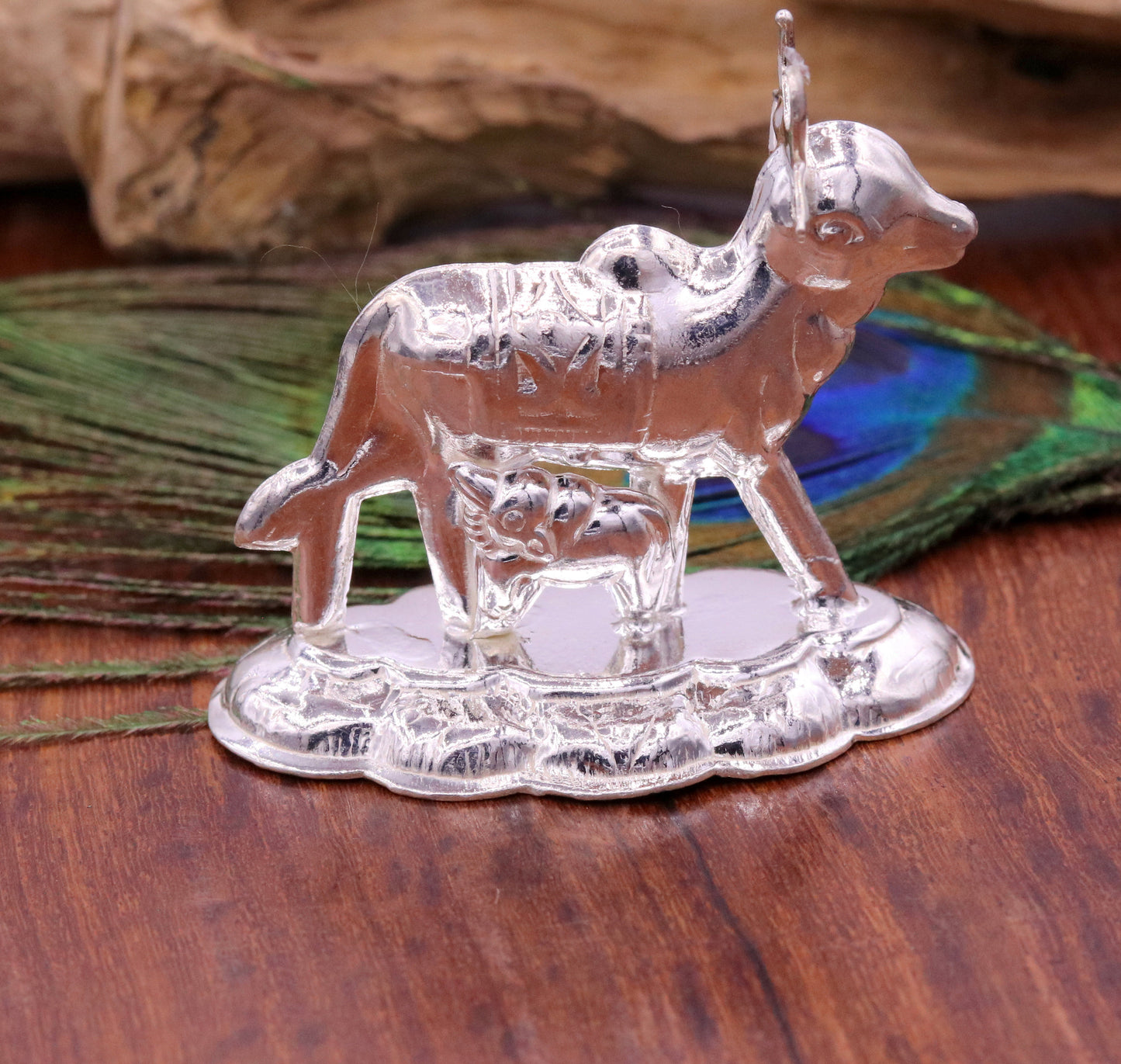 Vintage antique design handmade Kamdhenu Cow with Calf sterling silver statue art sculpture, silver figurine hope temple art decor cox sst10 - TRIBAL ORNAMENTS